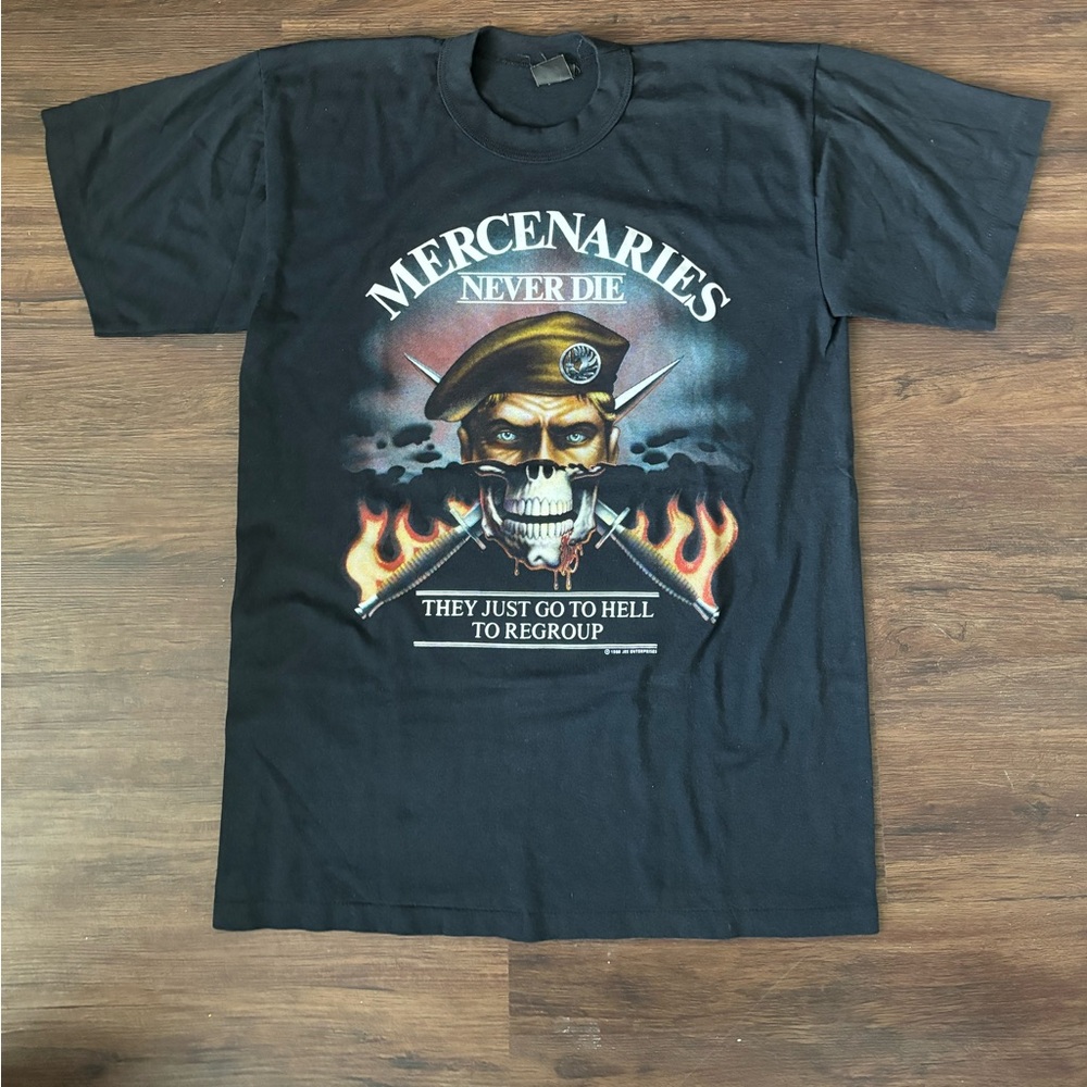 Vintage 80s 1988 Mercenaries Never Die T Shirt Men size Large Single Stitch.